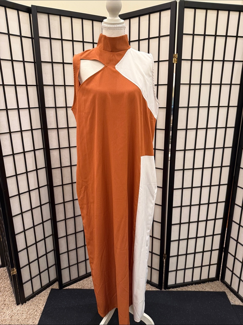 High-Neck Rust and White Colorblock Maxi Dress Never Worn. Pockets!!!!!